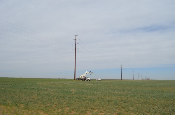 Power line and Bellanca aircraft in a field